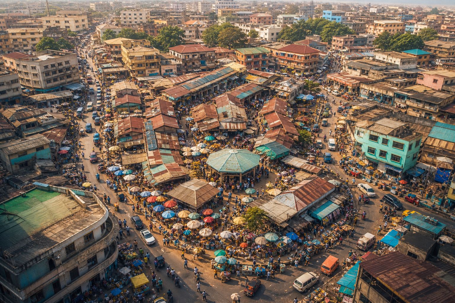 An oblique view of central Accra in which busy streets, market roofs and transport routes merge into a richly woven fabric, with loose strands at the edges