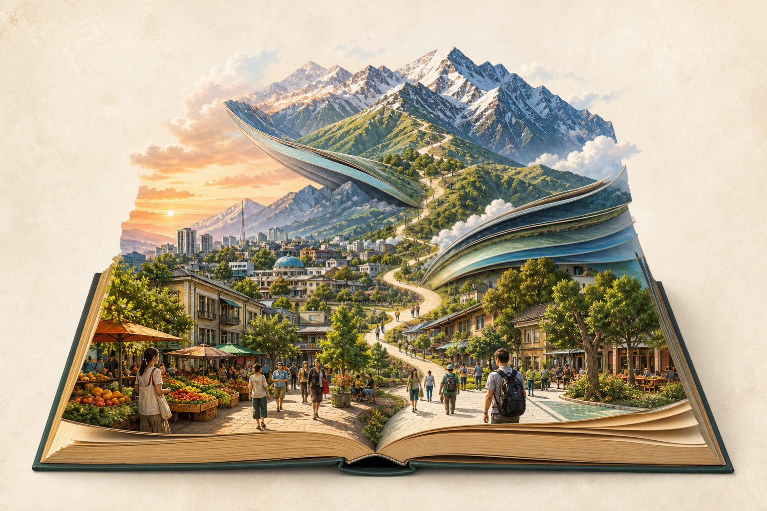 An open book transforms into leafy Almaty streets and a produce market, with a continuous path climbing from the city pages into the towering Tian Shan
