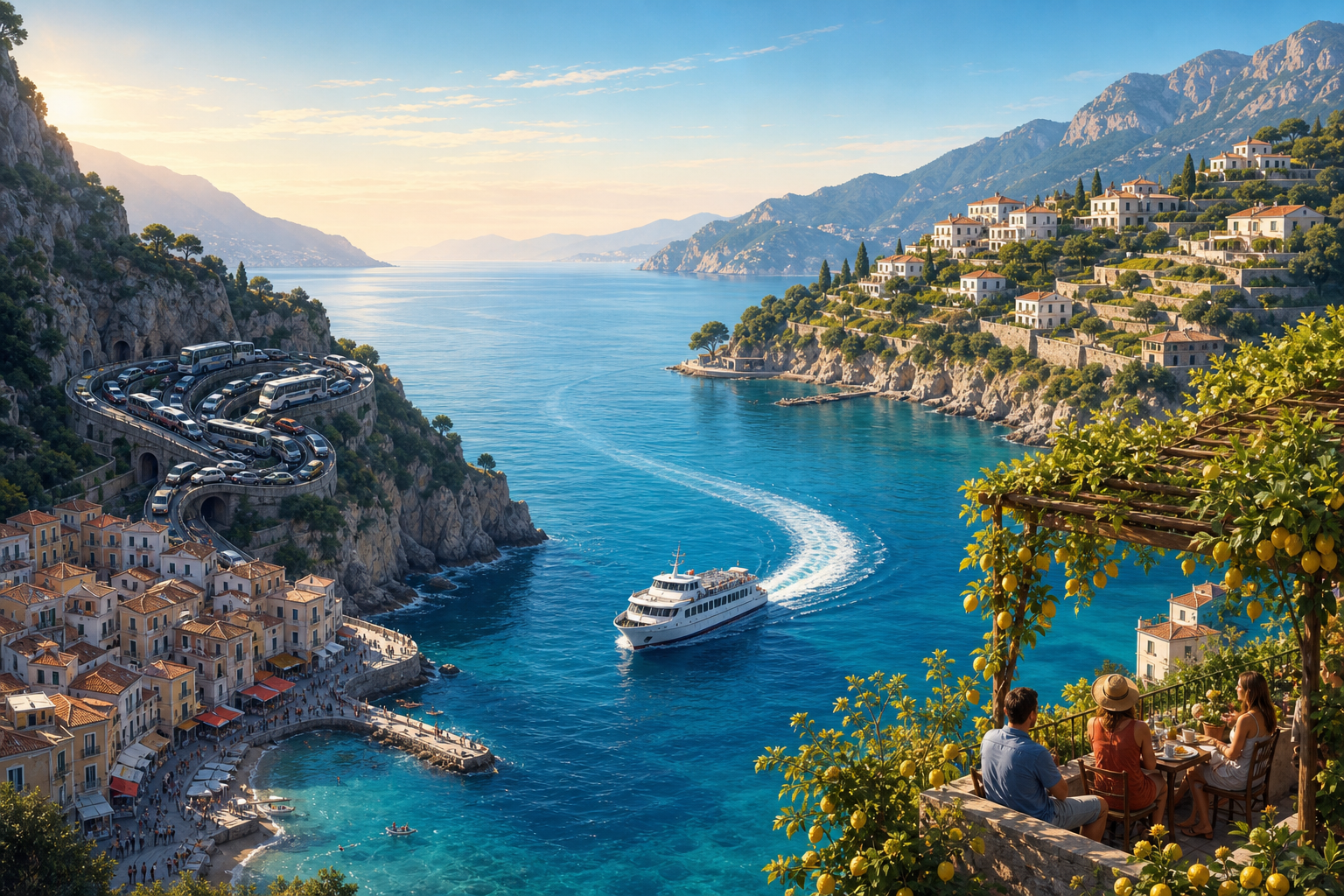 Editorial illustration of an Amalfi-style coastal road tied into a knot of summer traffic while a small ferry calmly crosses open water towards a quiet hillside