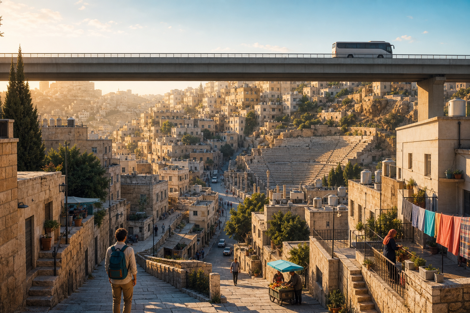 An unbranded coach speeds across a plain bridge while a cutaway beneath reveals Amman’s richly layered hills, stone neighbourhoods, stairways and ancient amphit