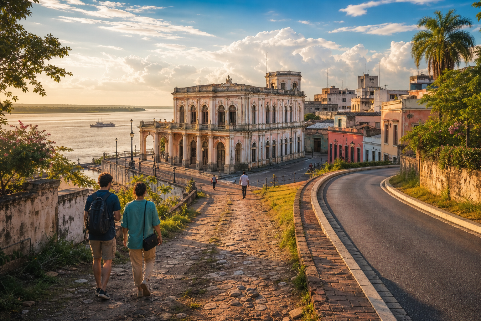 An immaculate paved tourist route curves away from a rough, unmarked path that leads towards a weathered colonial building beside the broad brown Río Paraguay,}