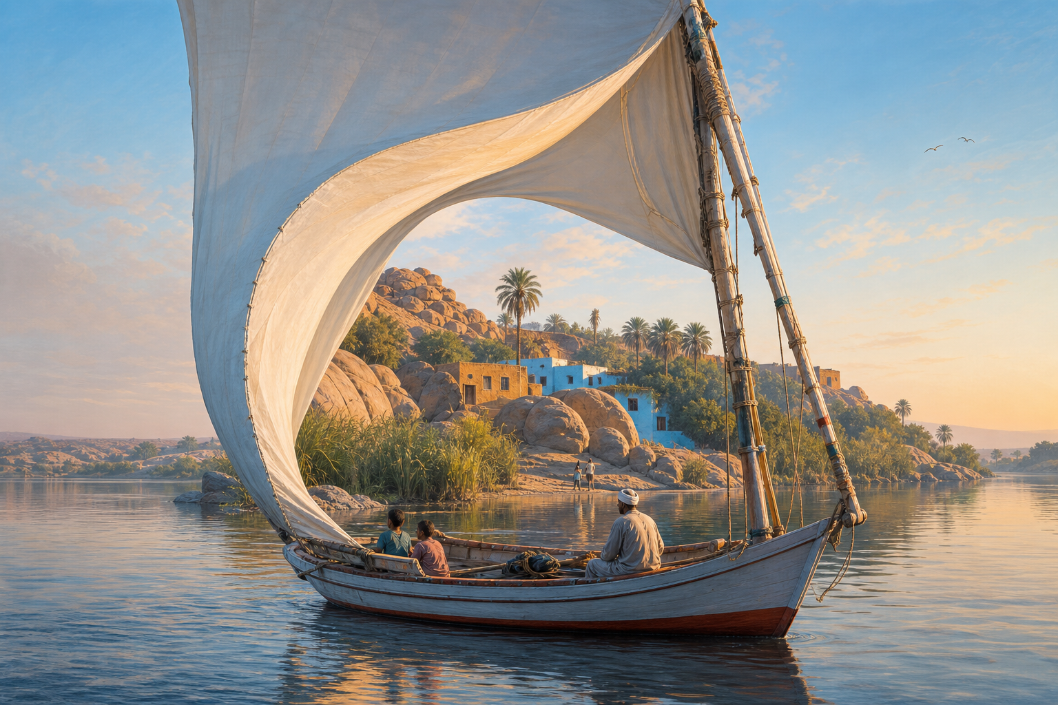 A felucca sail curls aside like a curtain on the Nile, revealing Aswan’s granite islands, palm groves and blue-and-ochre Nubian riverside homes in warm morning