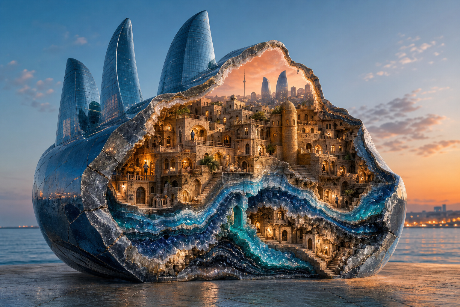 A city-shaped geode beside the Caspian is split open, its sleek glassy shell revealing dense layers of medieval sandstone walls and winding lived-in streets,}