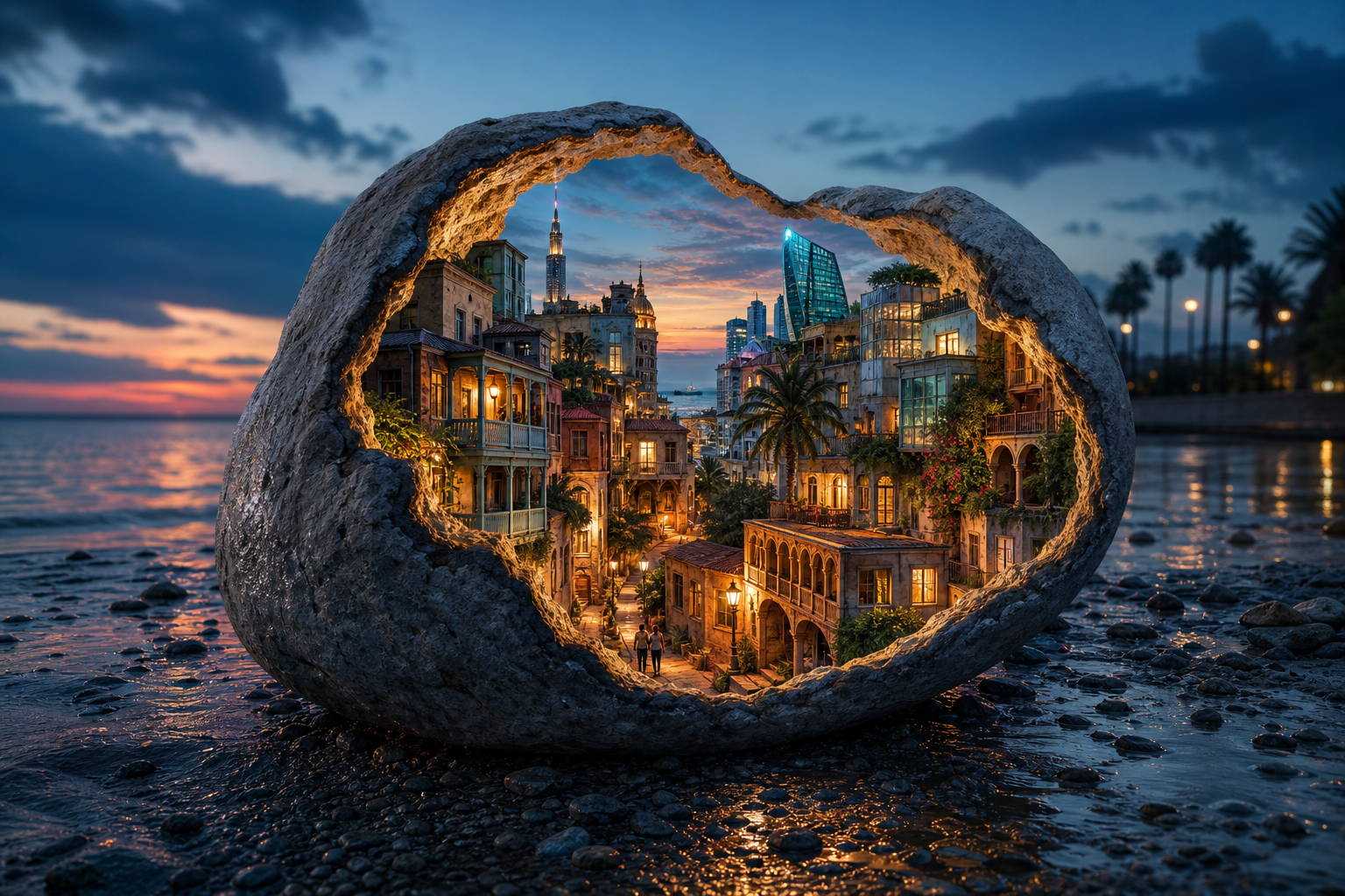 A weathered pebble lies split open on a rainy Black Sea shore, revealing a glowing miniature city of old balconies, ornate arches, strange modern towers and
