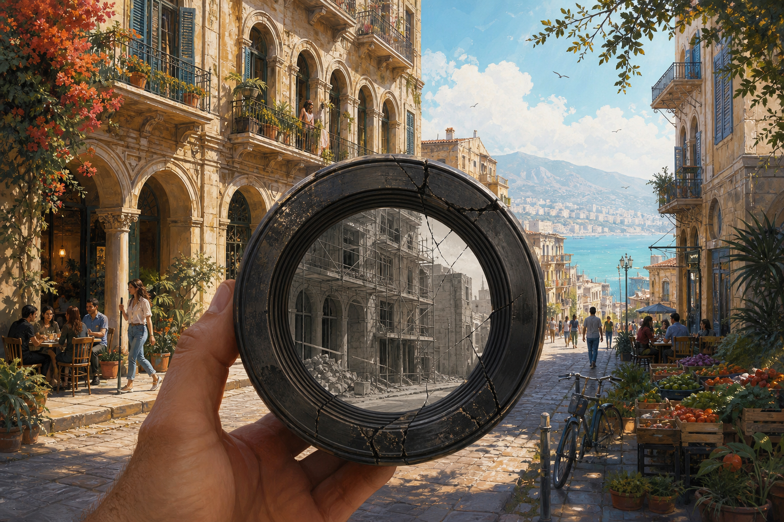 A cracked grey lens frames a damaged section of a Beirut street, while the wider view reveals arched façades, cafés, produce, the Mediterranean and mountains in