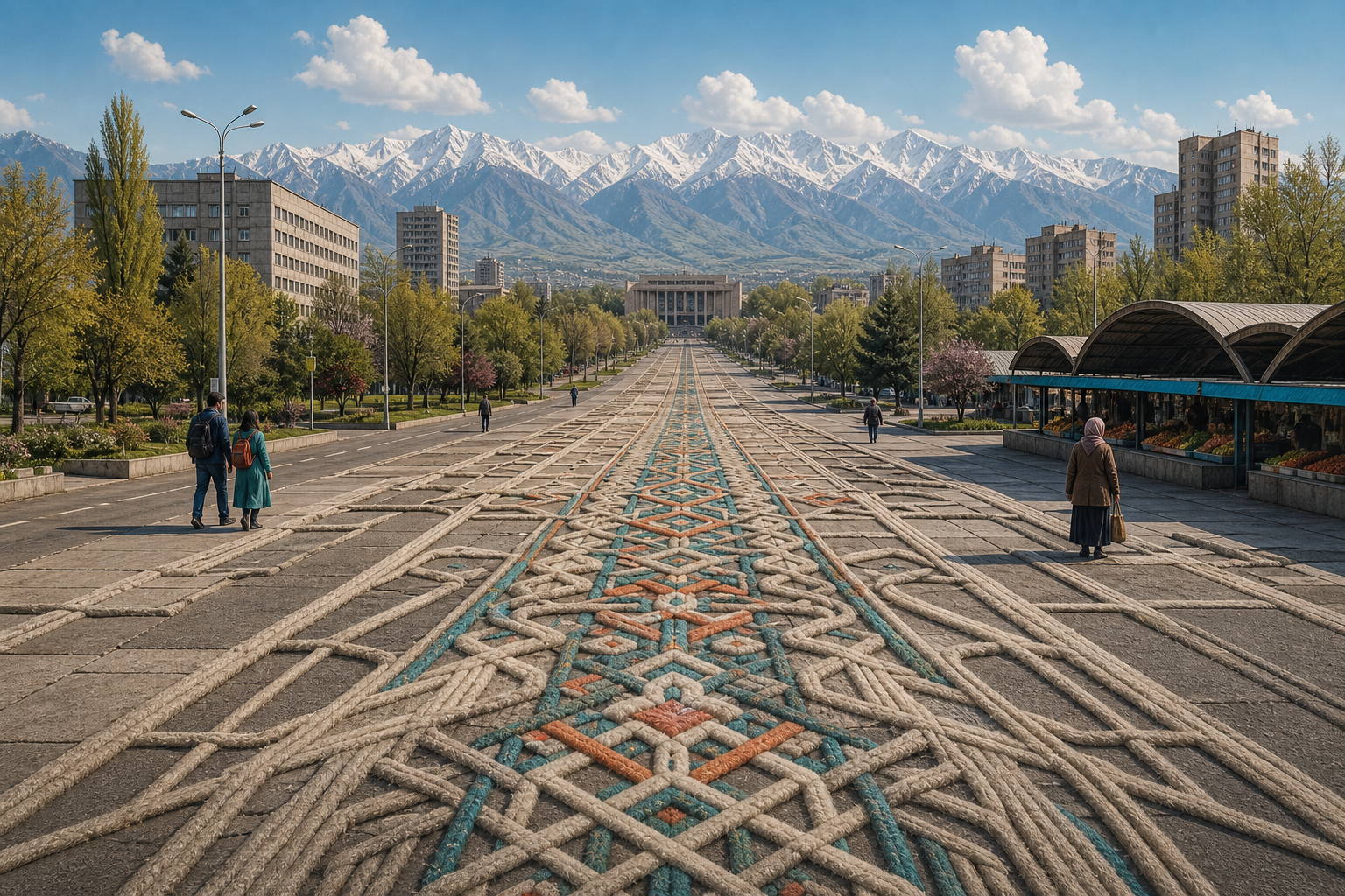 A broad, tree-lined Bishkek boulevard gradually becomes a woven Kyrgyz felt carpet, its rectilinear pattern echoing the Soviet city grid as it leads towards the
