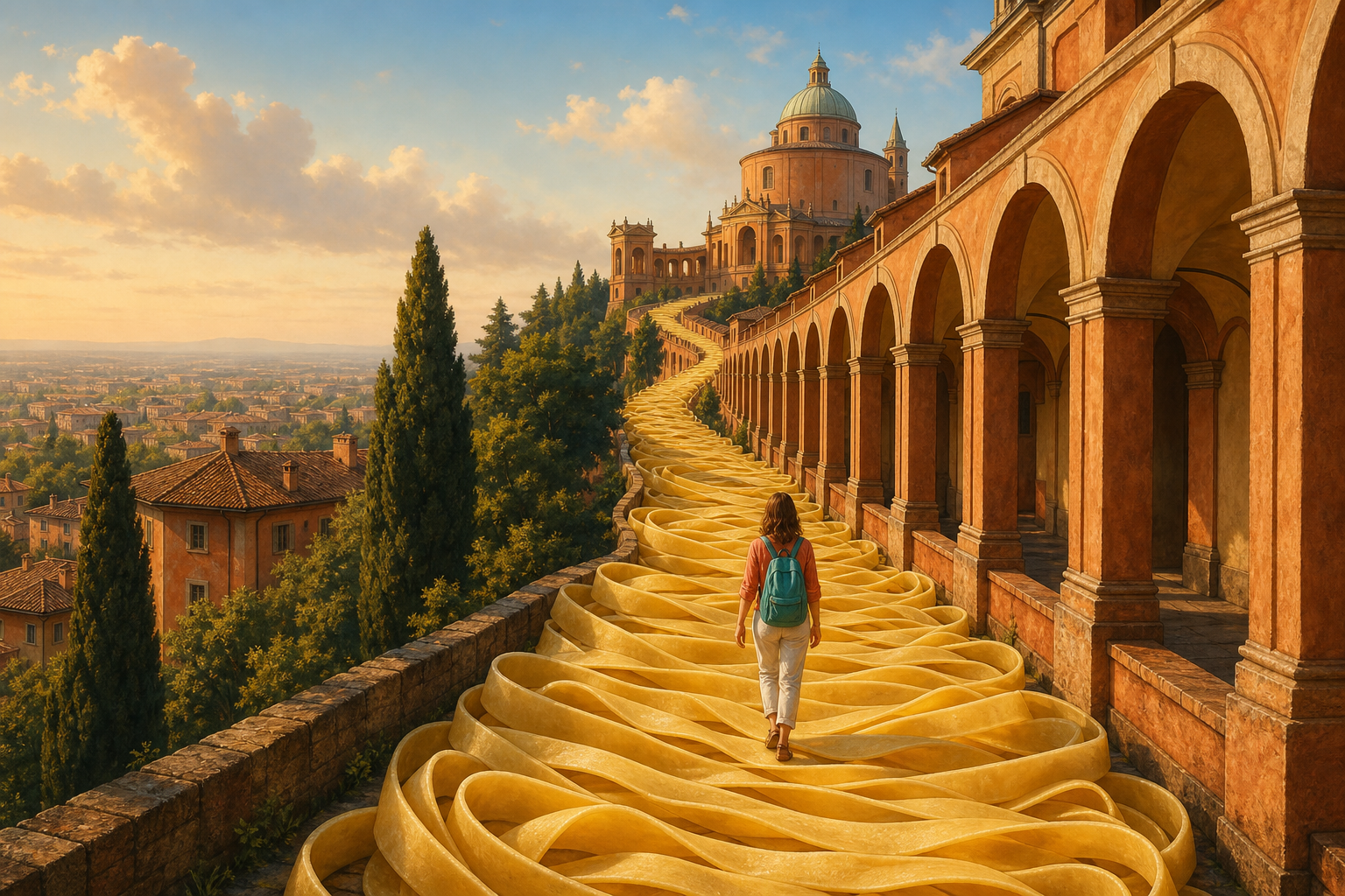 A lone traveller walks uphill beneath Bologna’s warm terracotta porticoes on a pathway shaped like a broad ribbon of fresh tagliatelle, leading towards the hill
