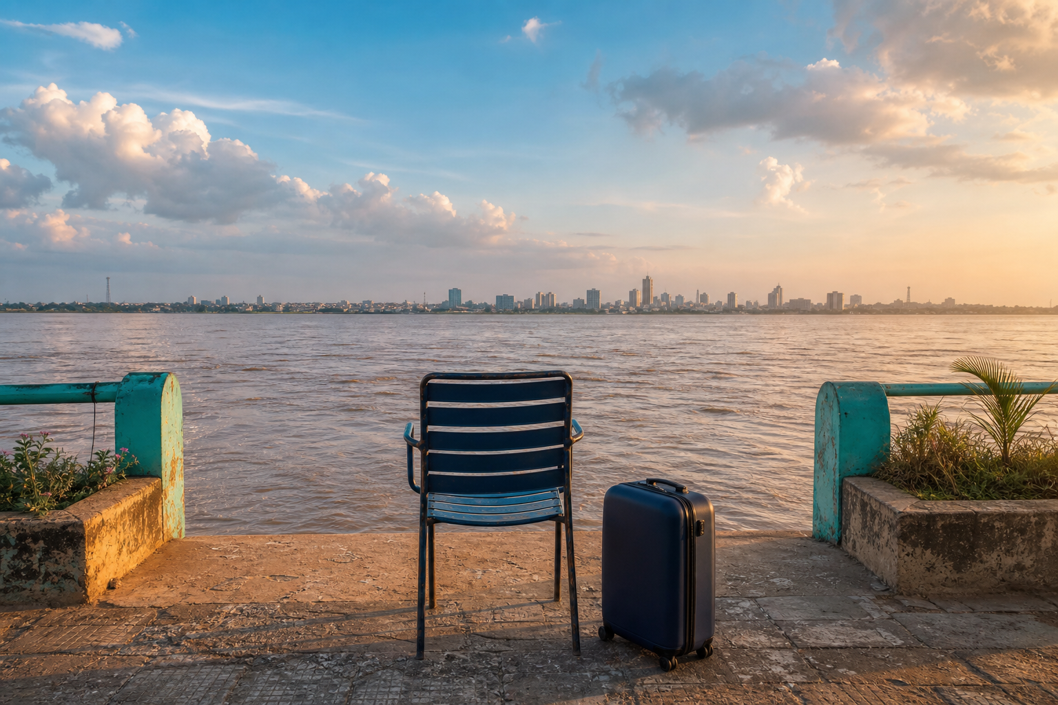 A plain suitcase rests beside an empty chair on Brazzaville’s riverside promenade, facing the vast brown Congo River and the hazy skyline of Kinshasa beyond.