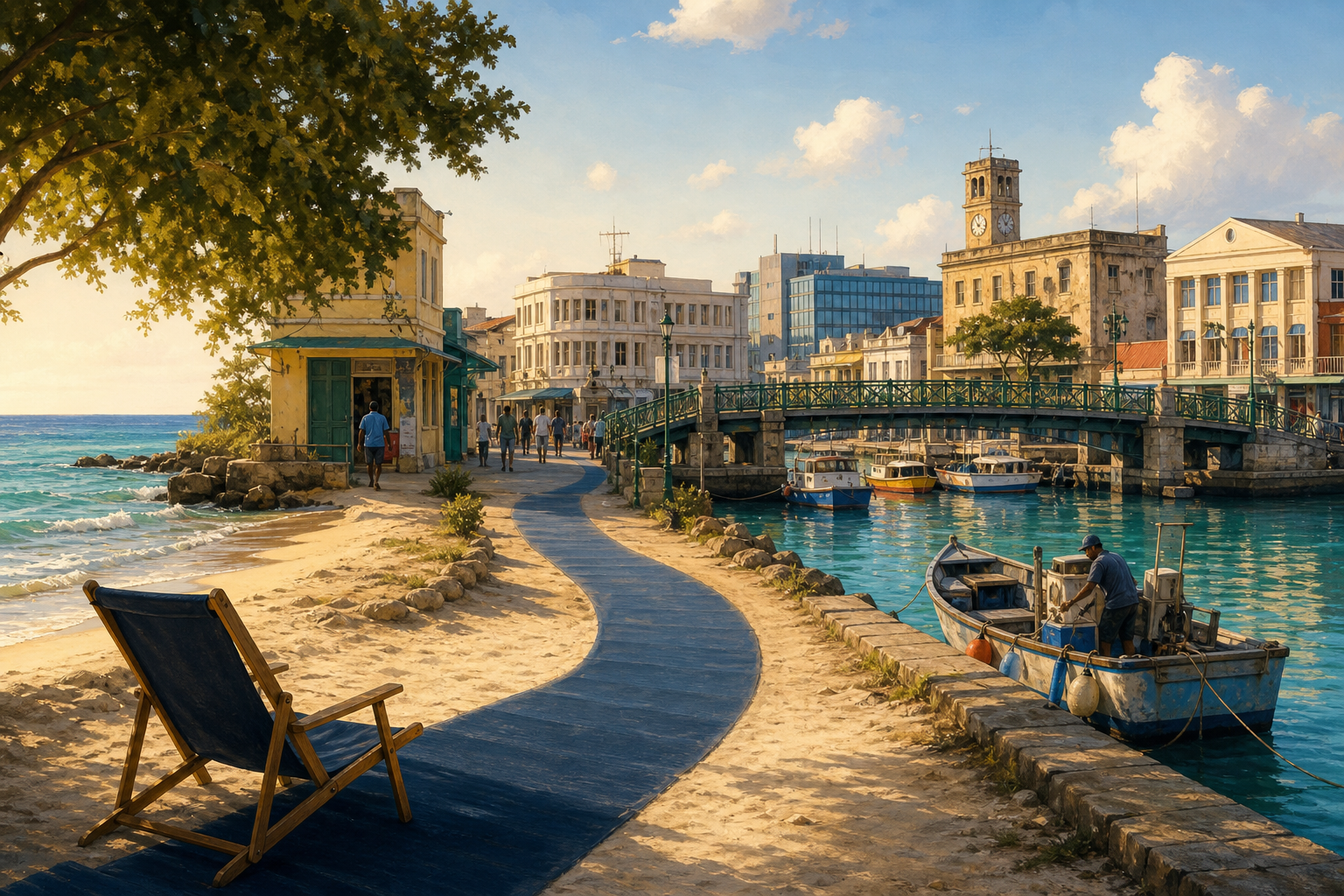 An empty beach lounger turned away from the sea faces Bridgetown, its fabric becoming a path towards the Careenage, bridge, working boats and weathered historic