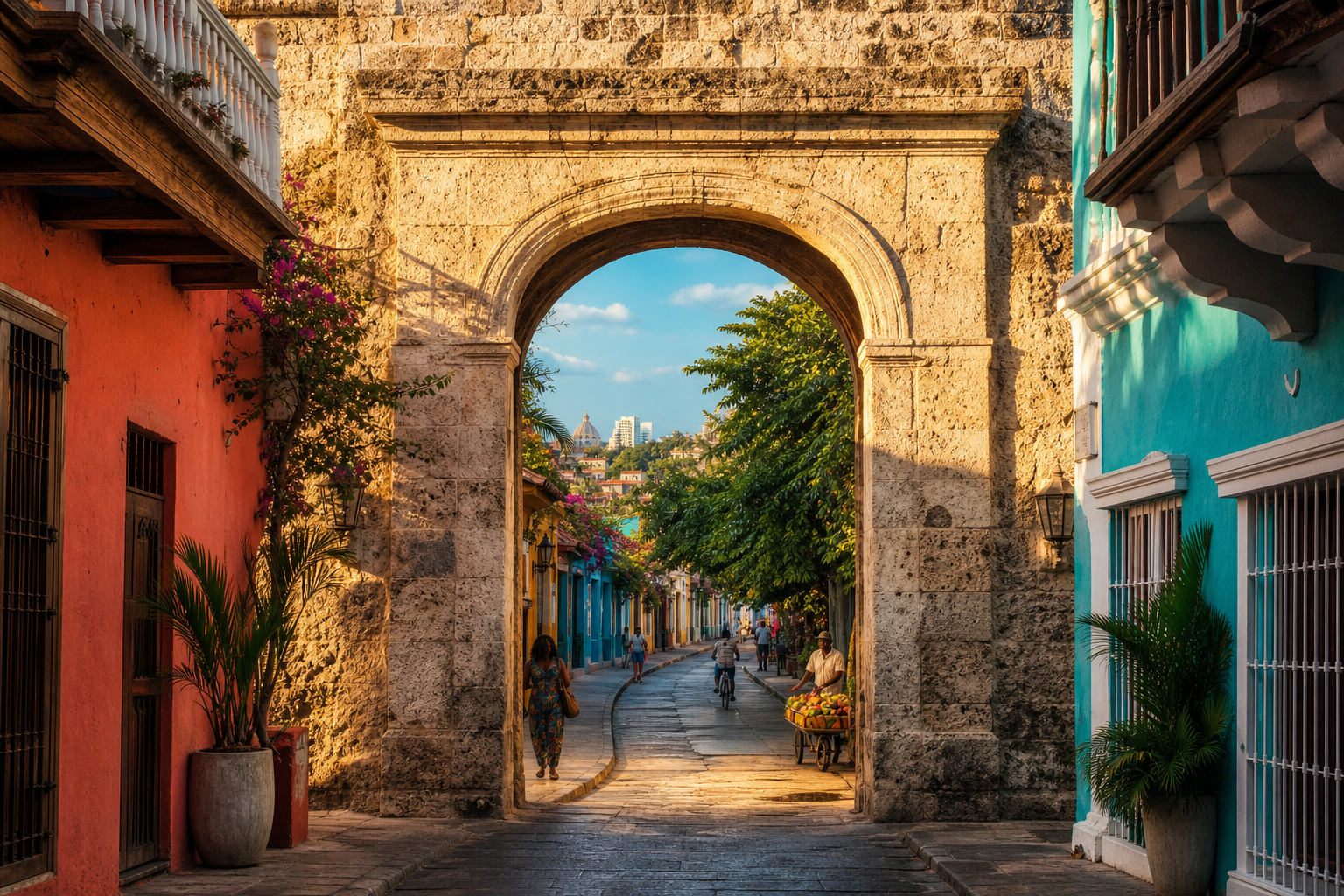A stone gateway in Cartagena’s colourful old city wall acts like a picture frame, opening onto a shaded neighbourhood street that leads towards the Caribbean, a