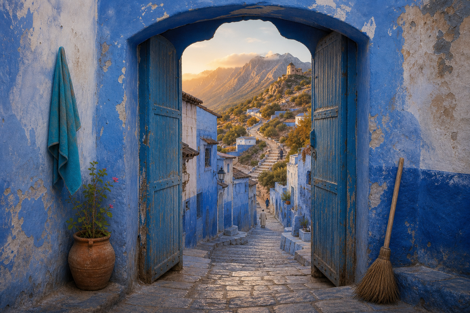 A weathered blue doorway opens from a polished Chefchaouen wall onto a winding lane of faded residential buildings that becomes a mountain trail leading towards