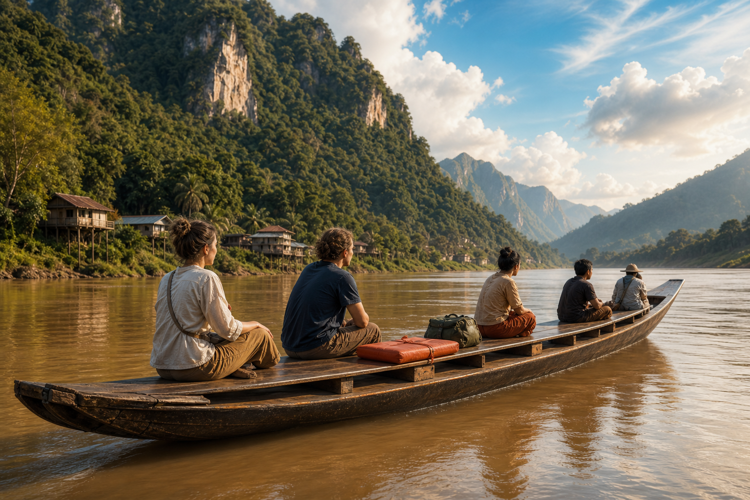 A long wooden Mekong slow boat shaped like a hard bench, with one modest cushion tied at its centre, drifts through a broad brown river between lush green hills