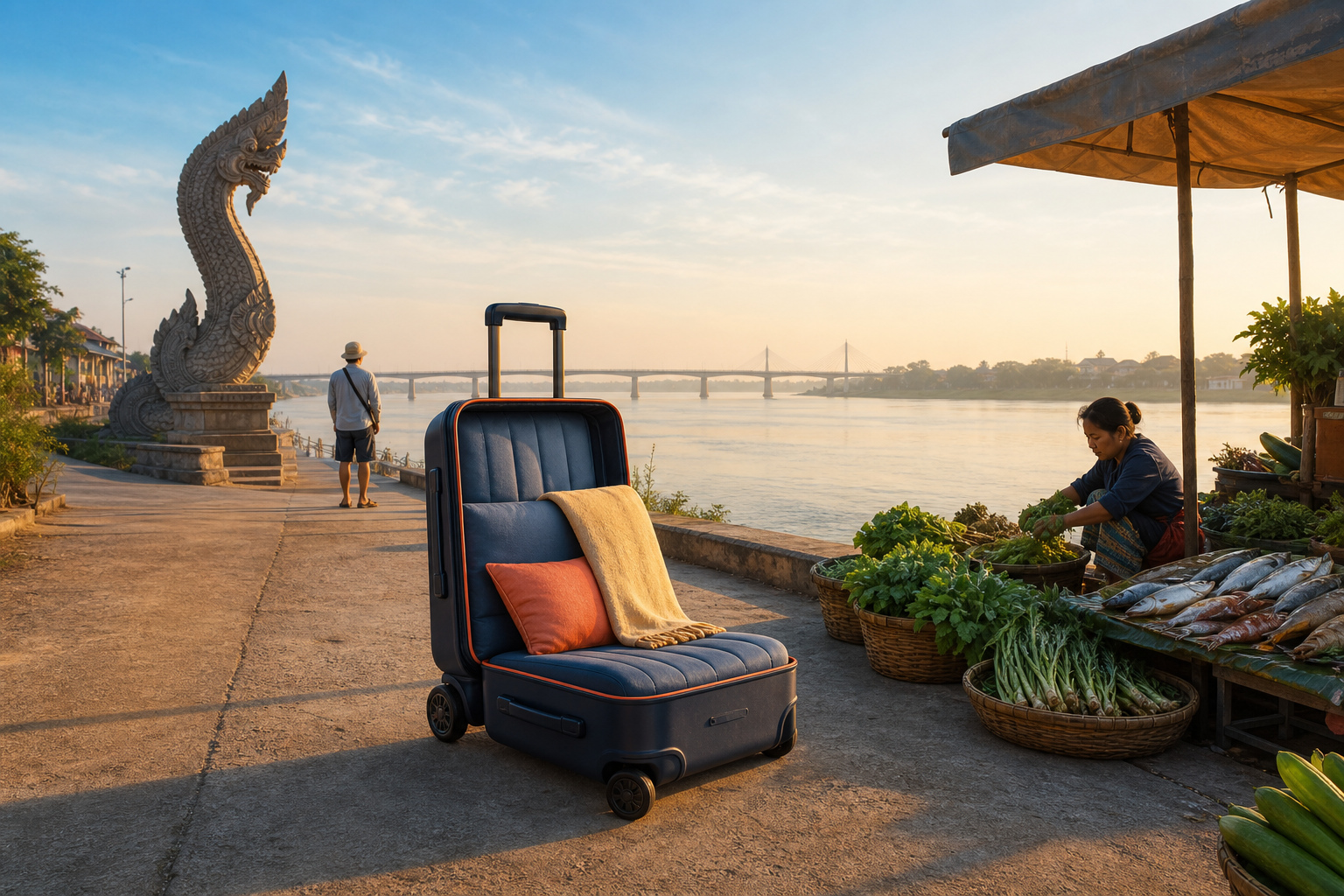 A wheeled travel suitcase unfolds into a comfortable chair on Nong Khai’s quiet Mekong promenade, while a fresh-produce stall and a monumental concrete mythic