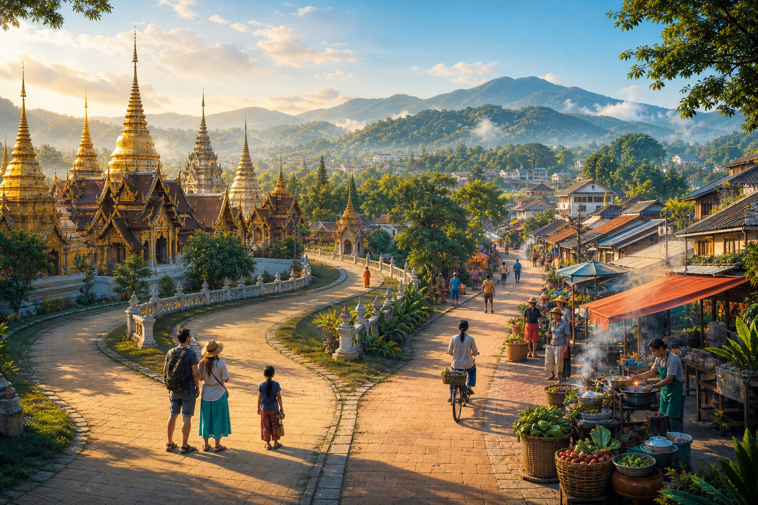 An early-morning path loops around several Chiang Mai temple spires, while a quieter branch leads through neighbourhood markets and cooking smoke towards green