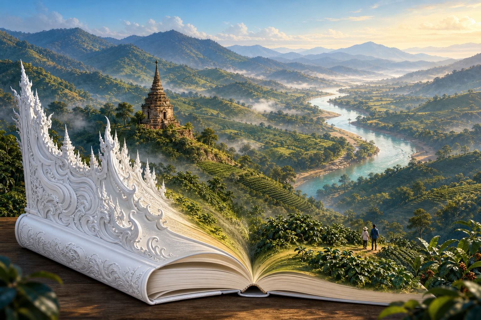 An unlettered book with an ornate white temple-like cover opens into a continuous Chiang Rai landscape of coffee-covered hills, an ancient brick chedi and a cur