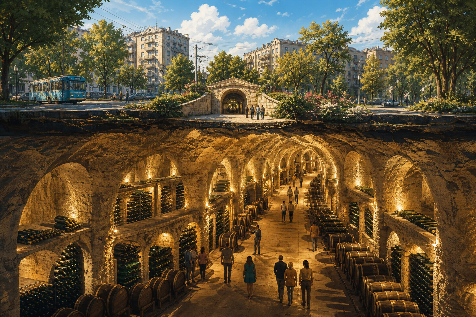 Editorial cutaway illustration of understated Chișinău above a vast, warmly lit network of limestone wine tunnels filled with bottles, revealing the remarkable[
