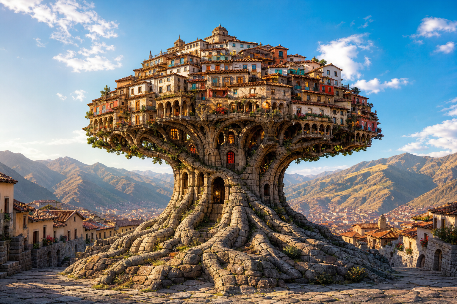 A deeply rooted architectural tree in Cuzco, with interlocking Inca stone roots supporting colonial arches and a canopy of terracotta city rooftops.