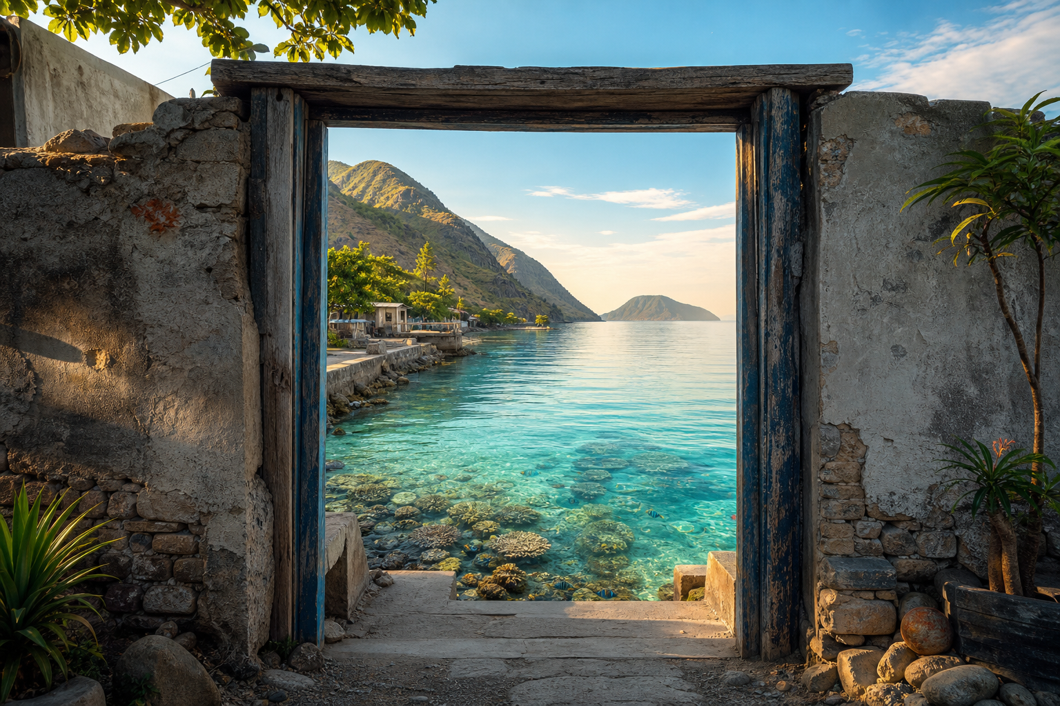 A narrow, weathered gateway opens onto Dili’s bright turquoise coast, green hills and clear shallows filled with healthy coral, suggesting a challenging journey