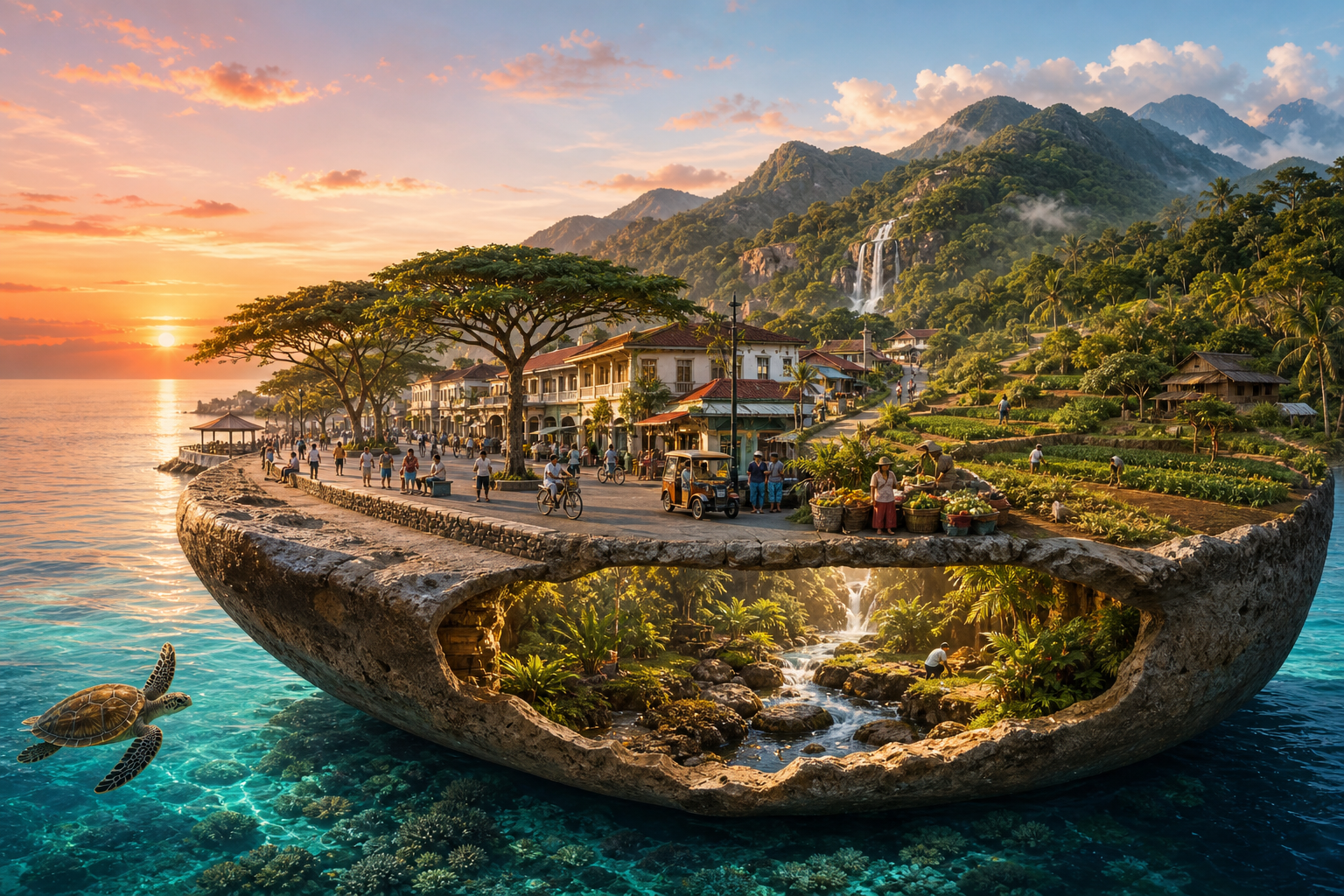 An ordinary stepping stone in the sea opens into a miniature living landscape of Dumaguete, with a waterfront city rising towards forested twin lakes while a