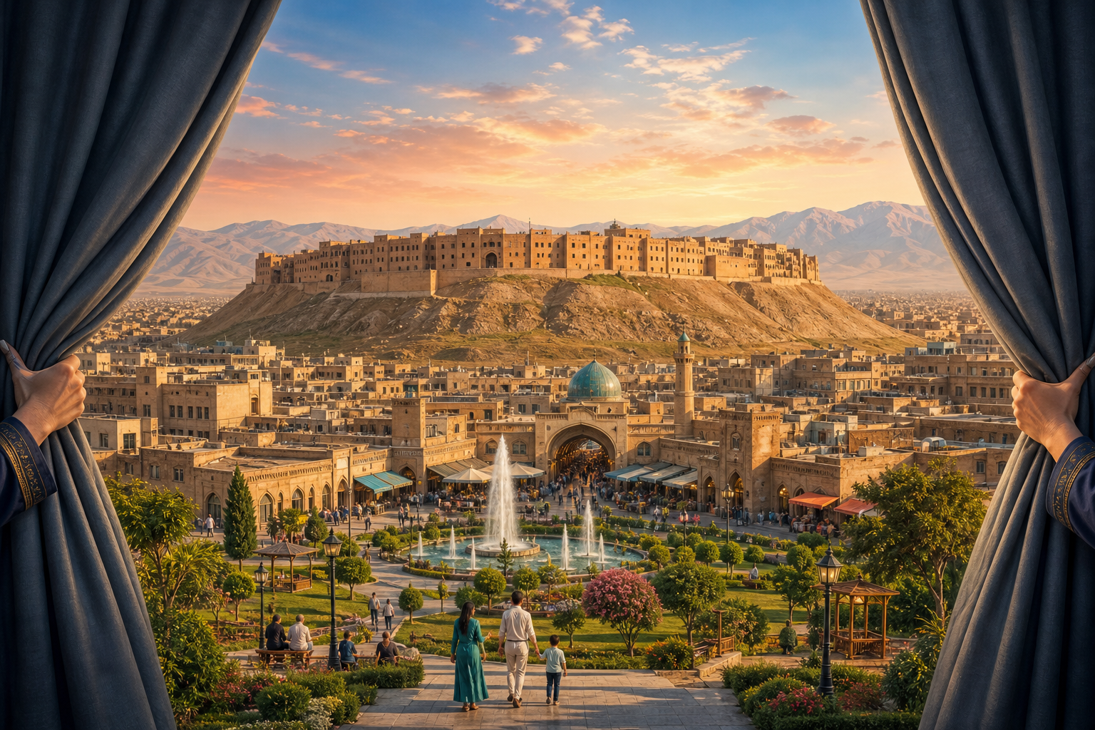 A grey curtain parts to reveal Erbil’s ancient citadel glowing above its living bazaar and public square, presenting the overlooked city as a rich, welcoming