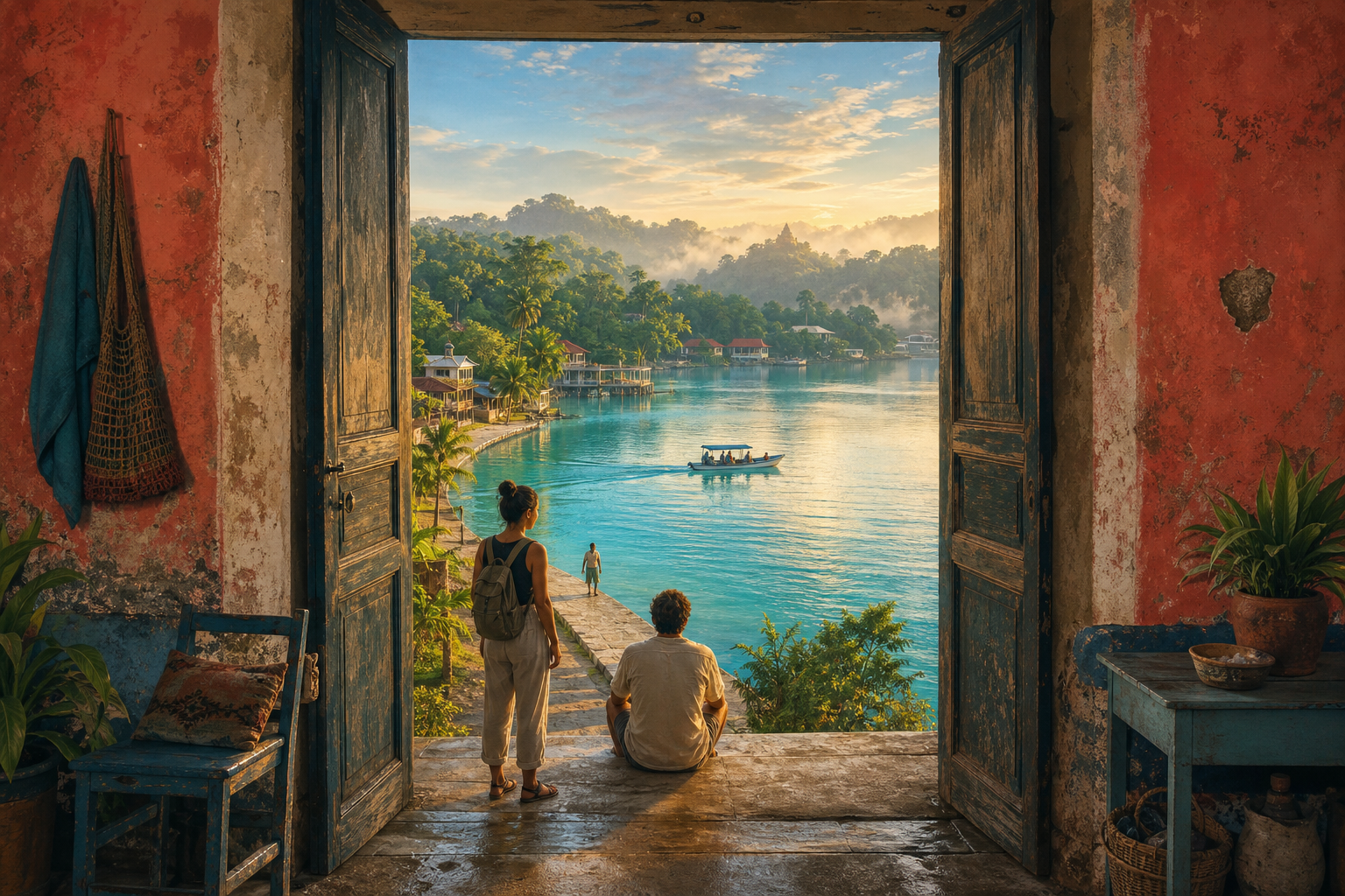 A weathered open doorway in Flores frames a calm dawn view across Lago Petén Itzá, with a small boat heading towards quiet lakeside communities and distant Maya