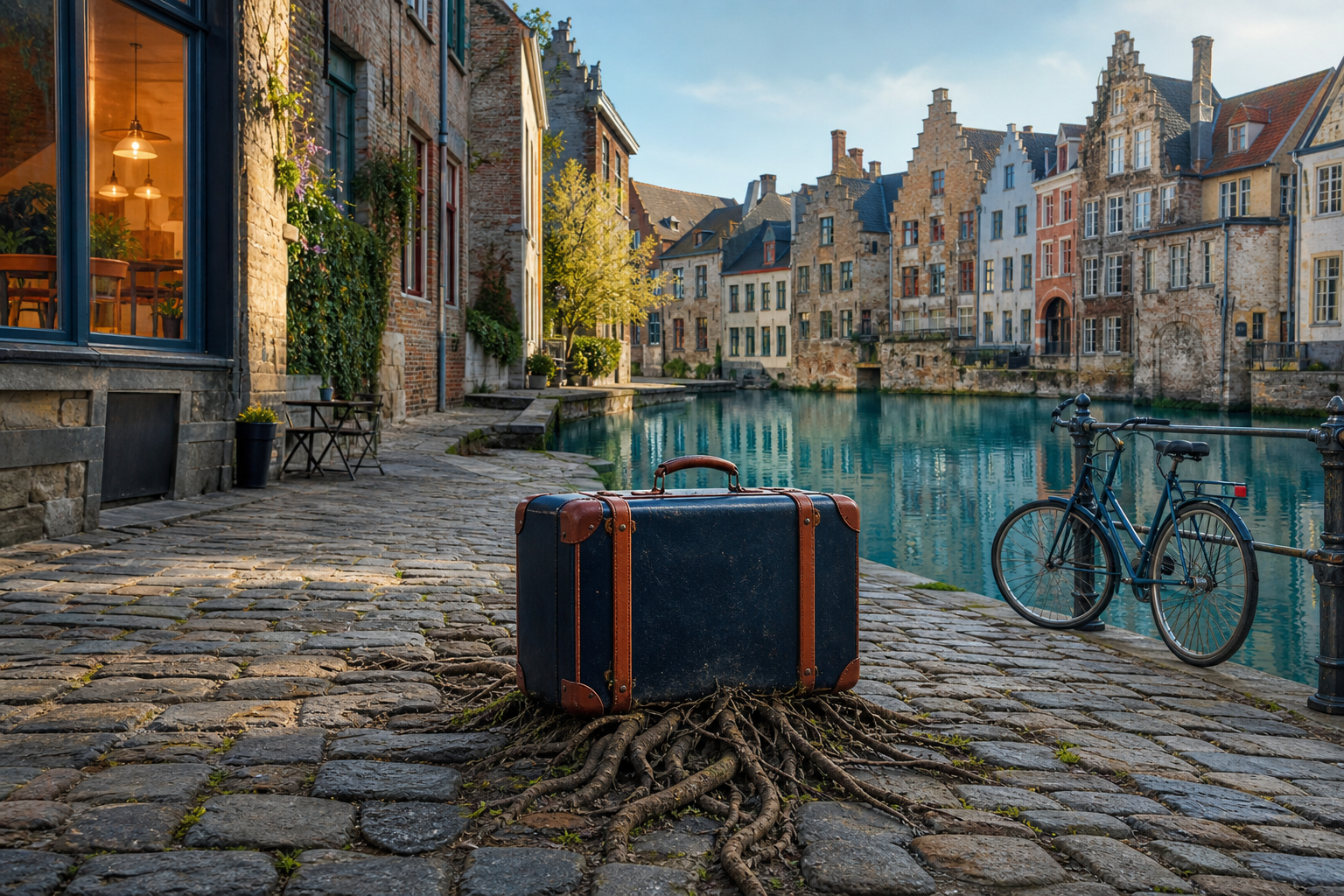 A travel case beside a quiet Ghent canal has grown roots into the cobblestones, symbolising the city as a rewarding place to stay rather than rush through.