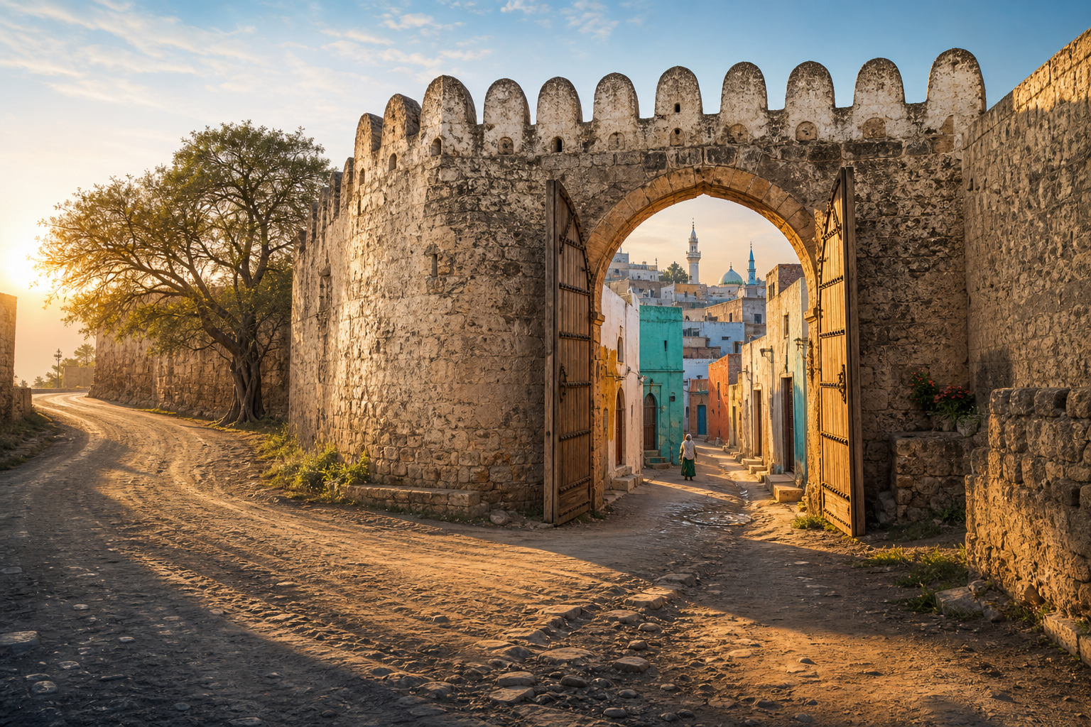A well-worn path bypasses an open gate in Harar’s ancient wall, while a quieter side path enters sunlit, colourful lanes inside the old city.