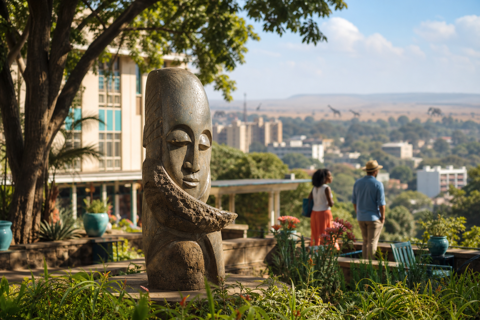 A Zimbabwean stone sculpture stands in sharp focus in a leafy Harare garden, with aged city architecture nearby and a distant safari landscape blurred beyond.