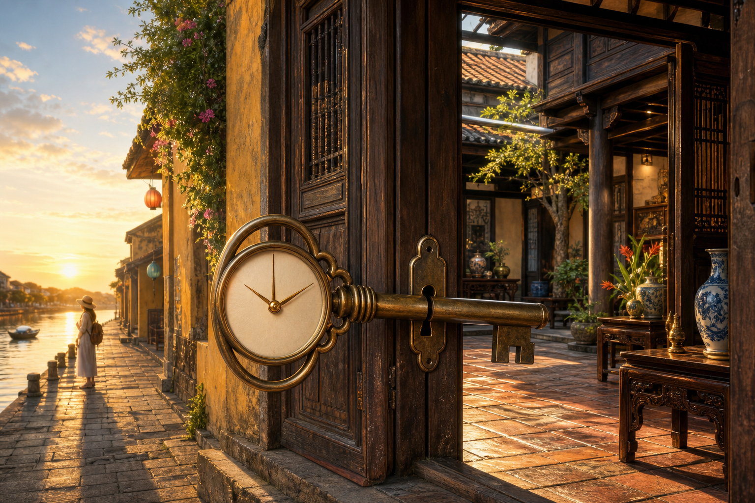 An oversized brass key with an unnumbered clock in its bow unlocks a historic Hoi An merchant house in the quiet light of early morning.