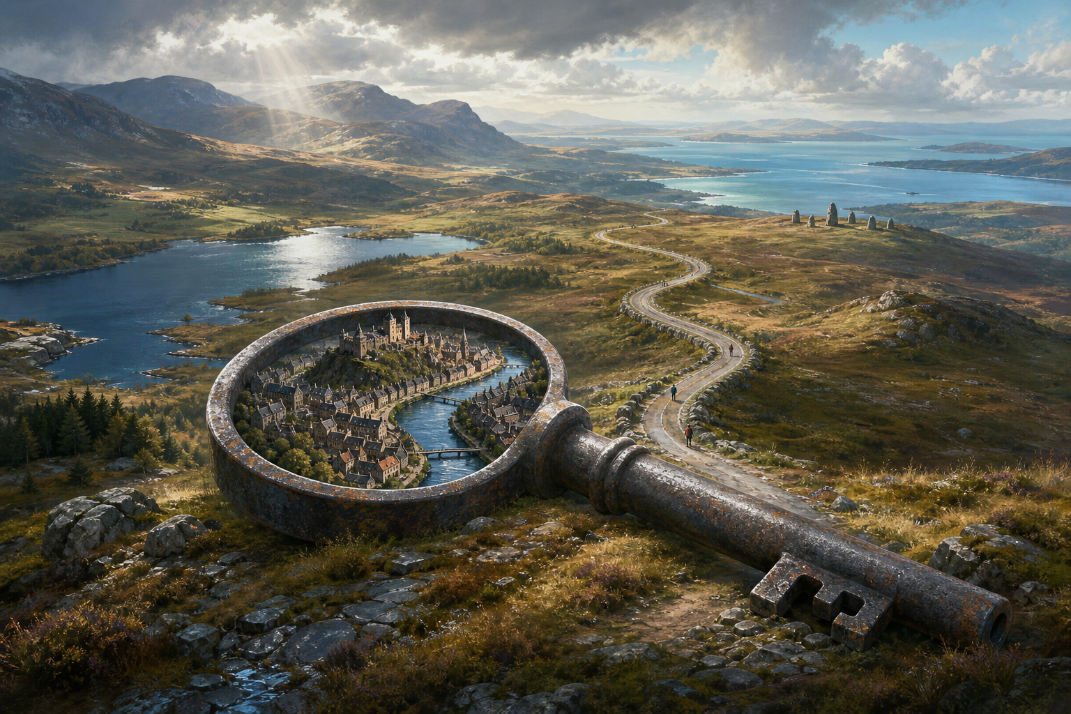 A weathered iron key containing a compact riverside Inverness in its bow extends into a winding road across a broad Highland landscape of loch, moor, stones and