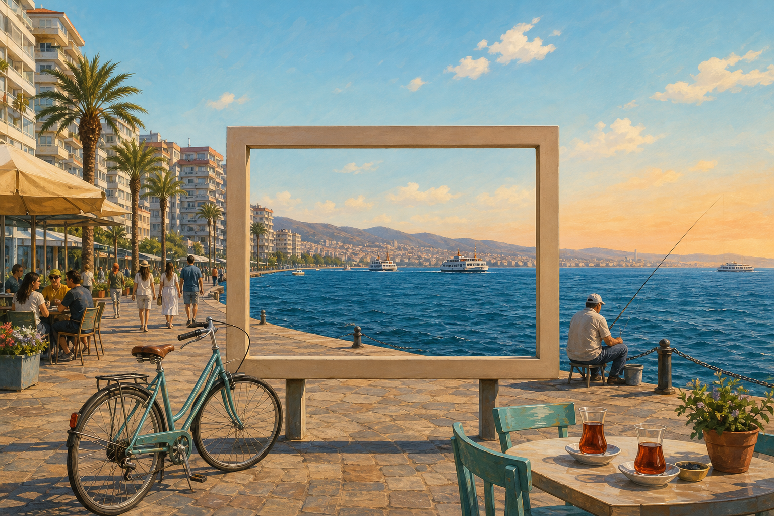An empty postcard-shaped frame stands on Izmir’s sunlit waterfront, framing plain sea and sky while the relaxed life of the promenade unfolds beyond its edges.