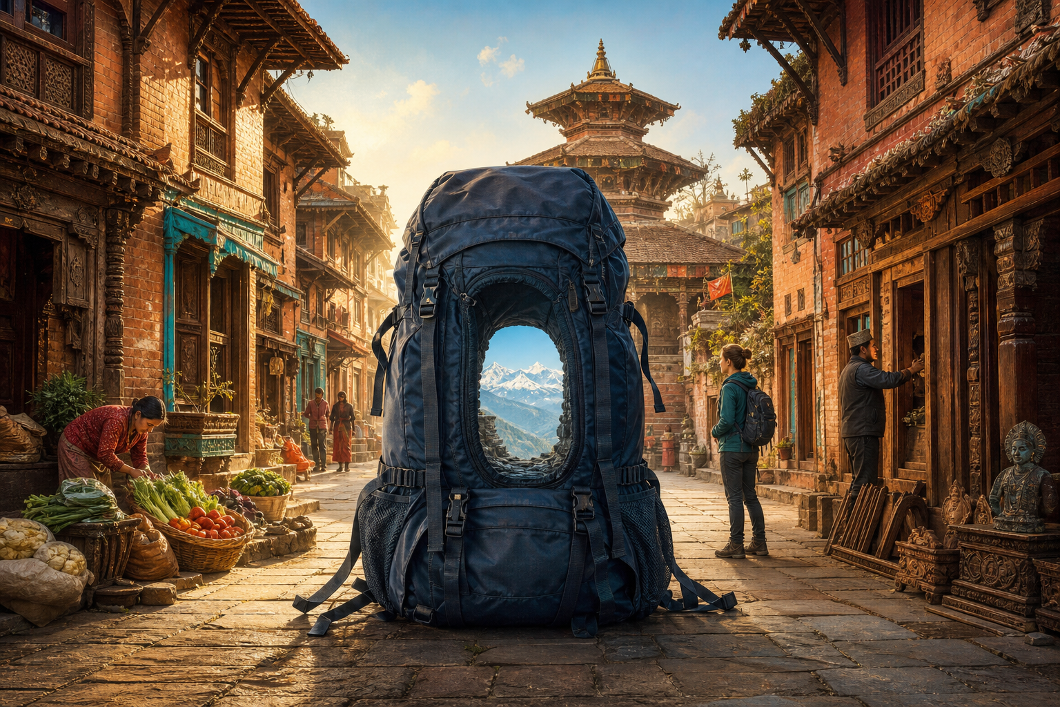 An oversized trekking backpack blocks the centre of a Kathmandu street, leaving only a narrow opening towards distant mountains, while a richly detailed old