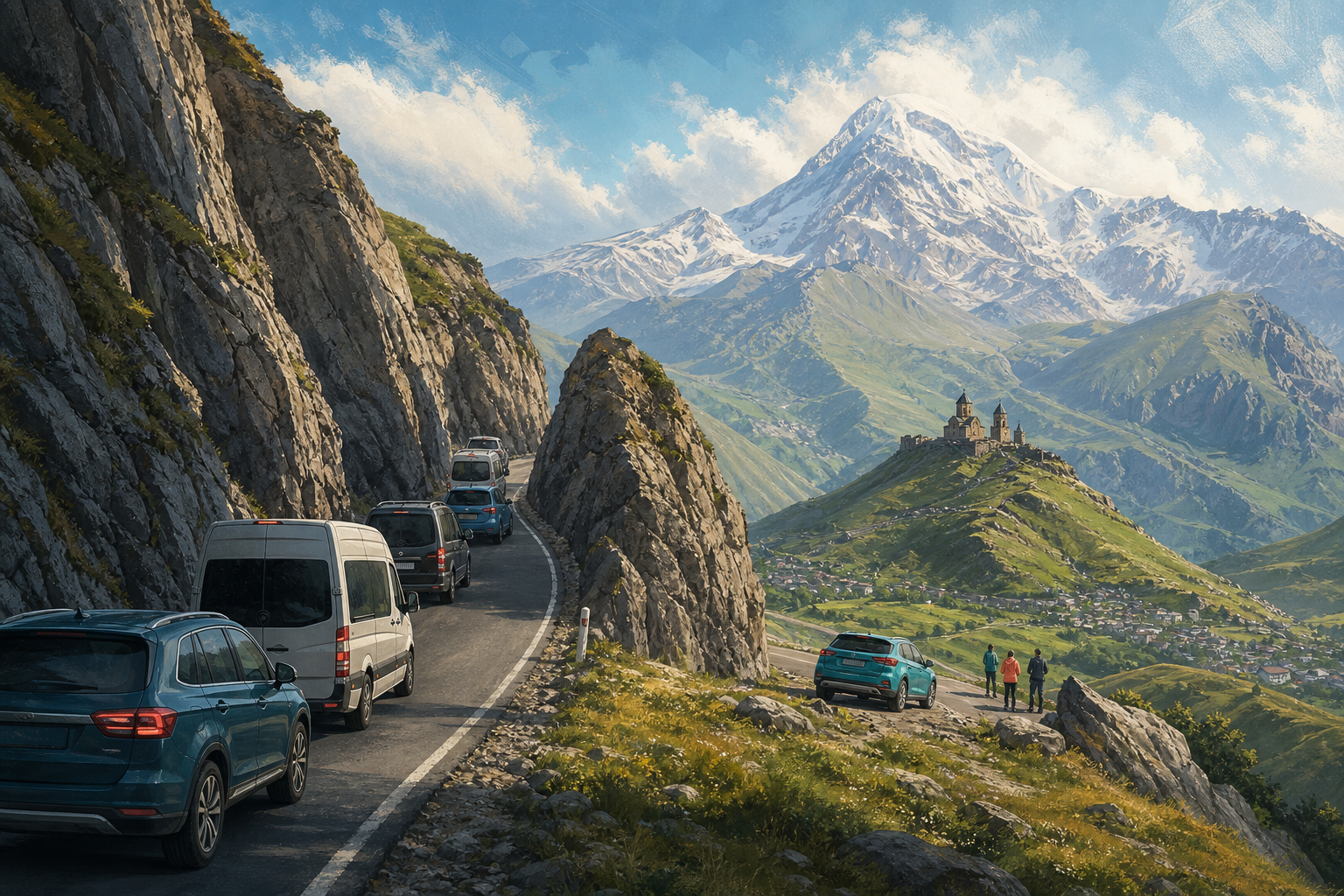 A mountain road crowded with vehicles narrows like a funnel through a steep pass, then opens into a quiet dawn landscape where Gergeti Trinity Church stands on