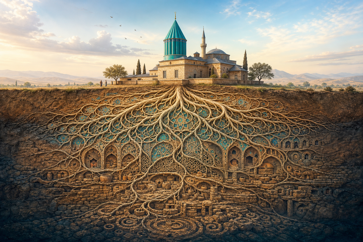 A modest turquoise-domed shrine stands on a quiet Anatolian plain while an immense, intricate root system spreads through deep layers of earth beneath it, ev_D8