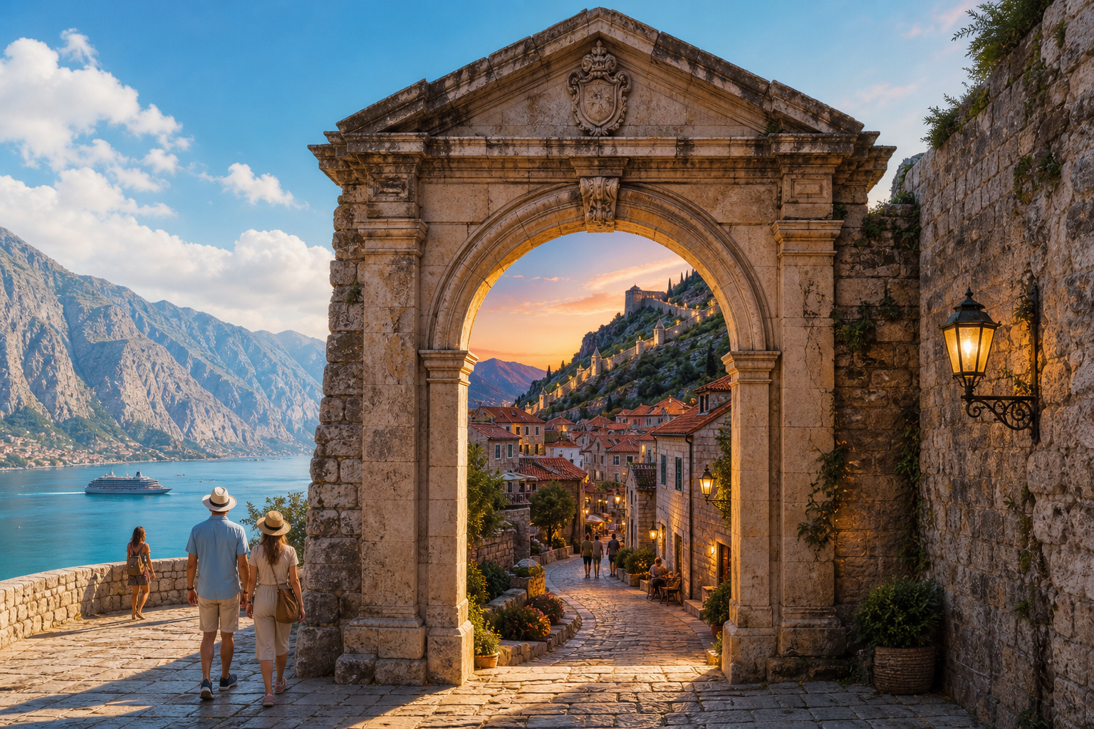A Venetian stone gate in Kotor frames a winding route through lamplit old-town lanes, up the mountain walls and along the bay towards distant villages, while a