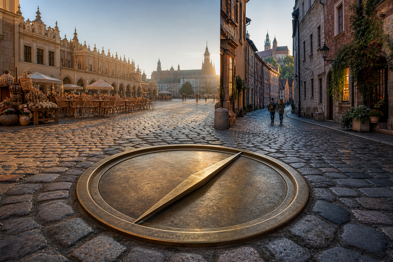 An unmarked brass compass embedded in Kraków’s cobbles points away from the polished main square towards a quiet side street glowing in early morning light.