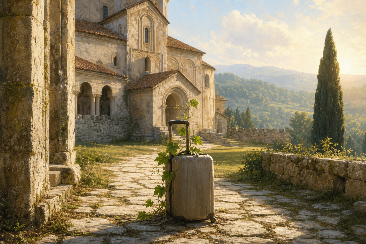 An unbranded travel suitcase takes root on a quiet stone path at Gelati Monastery, its handle sprouting a small grapevine in the early-morning light.