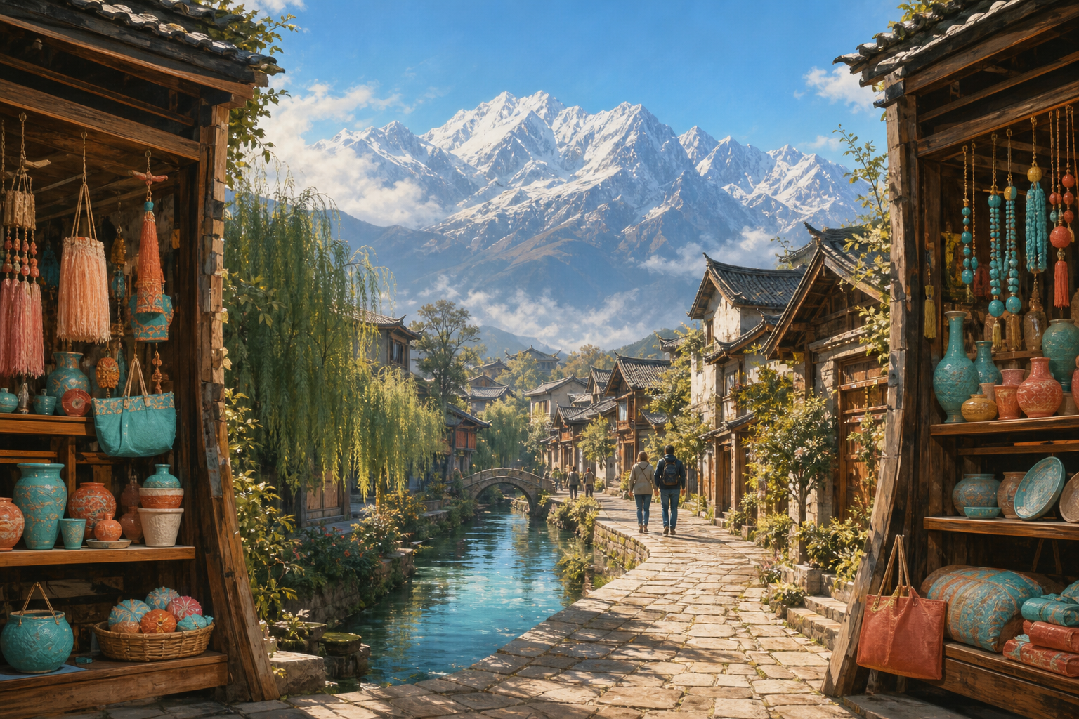 Paper-thin tourist shopfronts part like stage scenery, revealing a quiet dawn canal lane winding through Lijiang towards the towering Jade Dragon Snow Mountain.