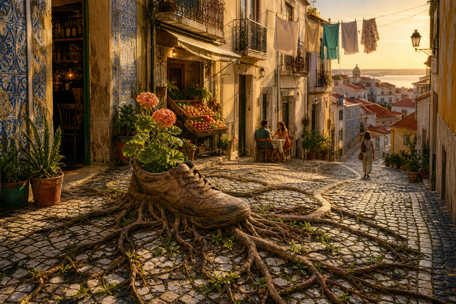 A walking shoe stands firmly on a Lisbon cobbled lane, its roots spreading through a lived-in hillside neighbourhood of tiled homes, a market stall, a modest