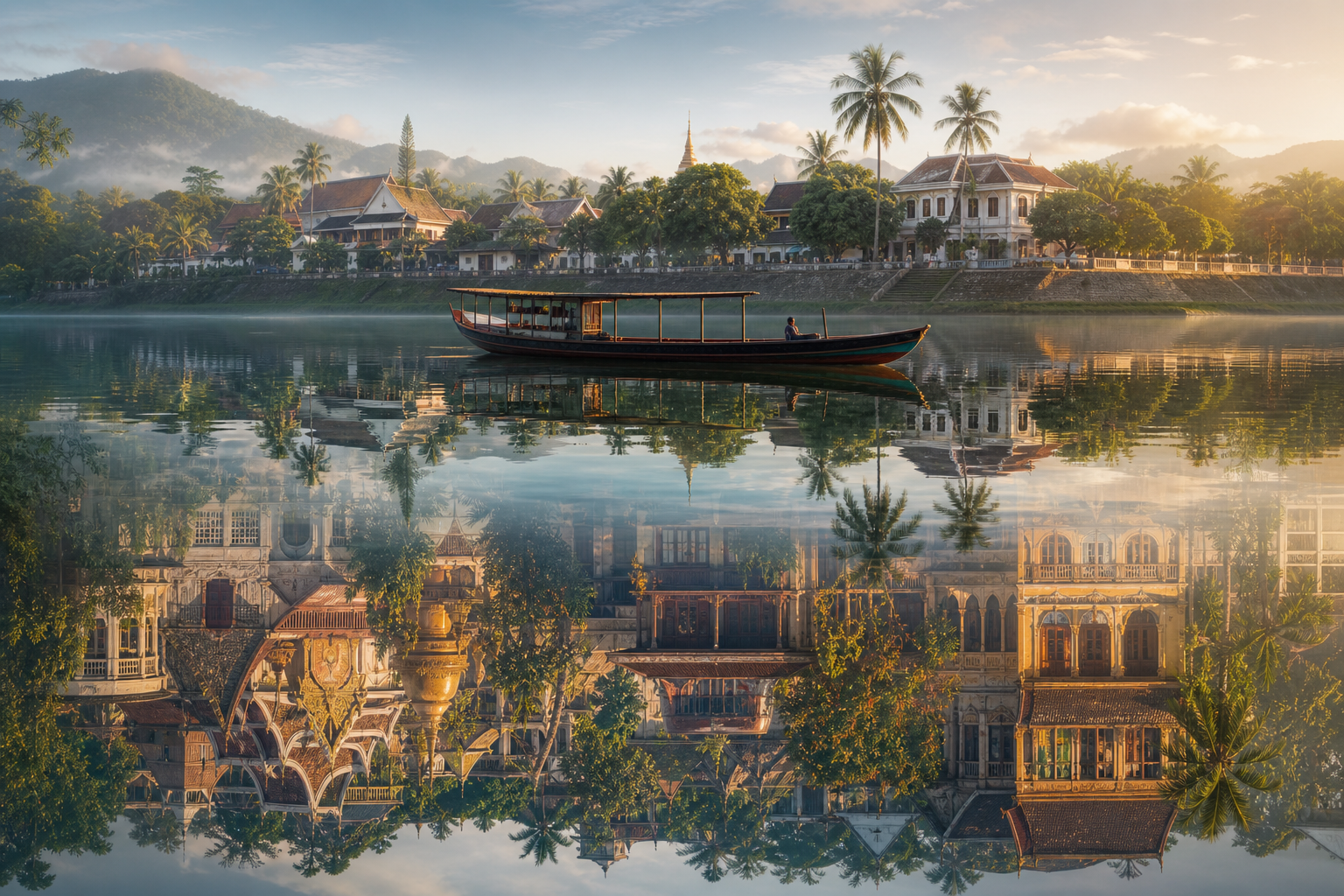 A quiet wooden boat rests on the Mekong beneath Luang Prabang, while the calm water reflects a richer, intricately connected town of temple roofs, shophouses, a