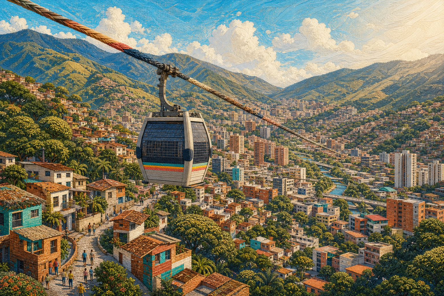 A Metrocable cabin crosses a green Andean valley where Medellín’s streets, homes and hills form one continuous woven urban fabric.