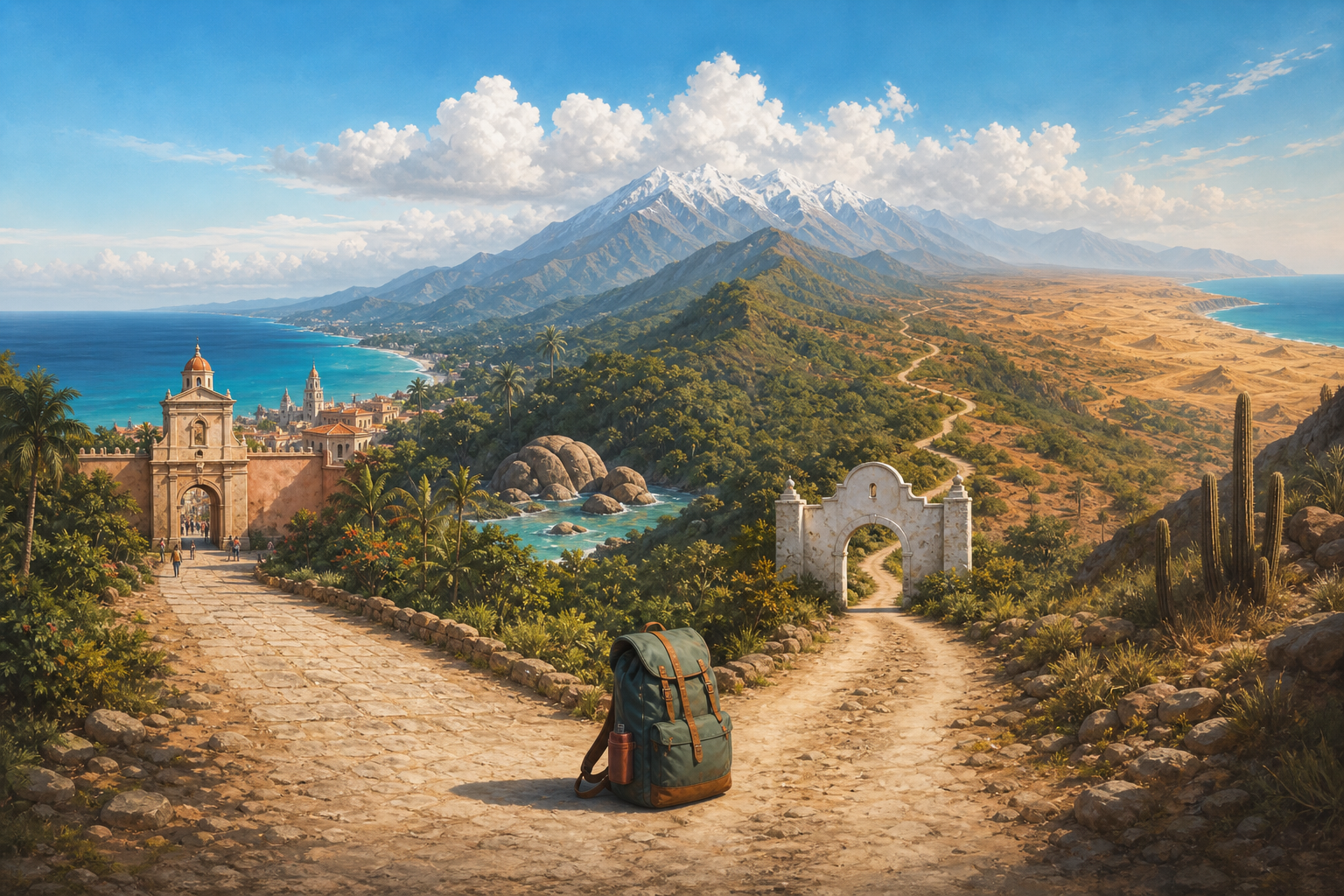 A backpack sits at a fork in a Caribbean coastal road. One polished branch stops at a distant ornate walled city, while the other winds through a modest gateway