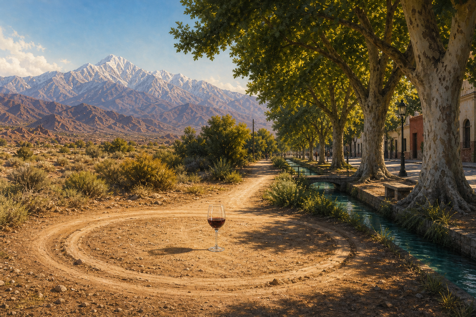 A dusty circular track loops around a lone wine glass, but one path breaks away beneath Mendoza’s water-fed sycamore canopy and continues towards the towering,