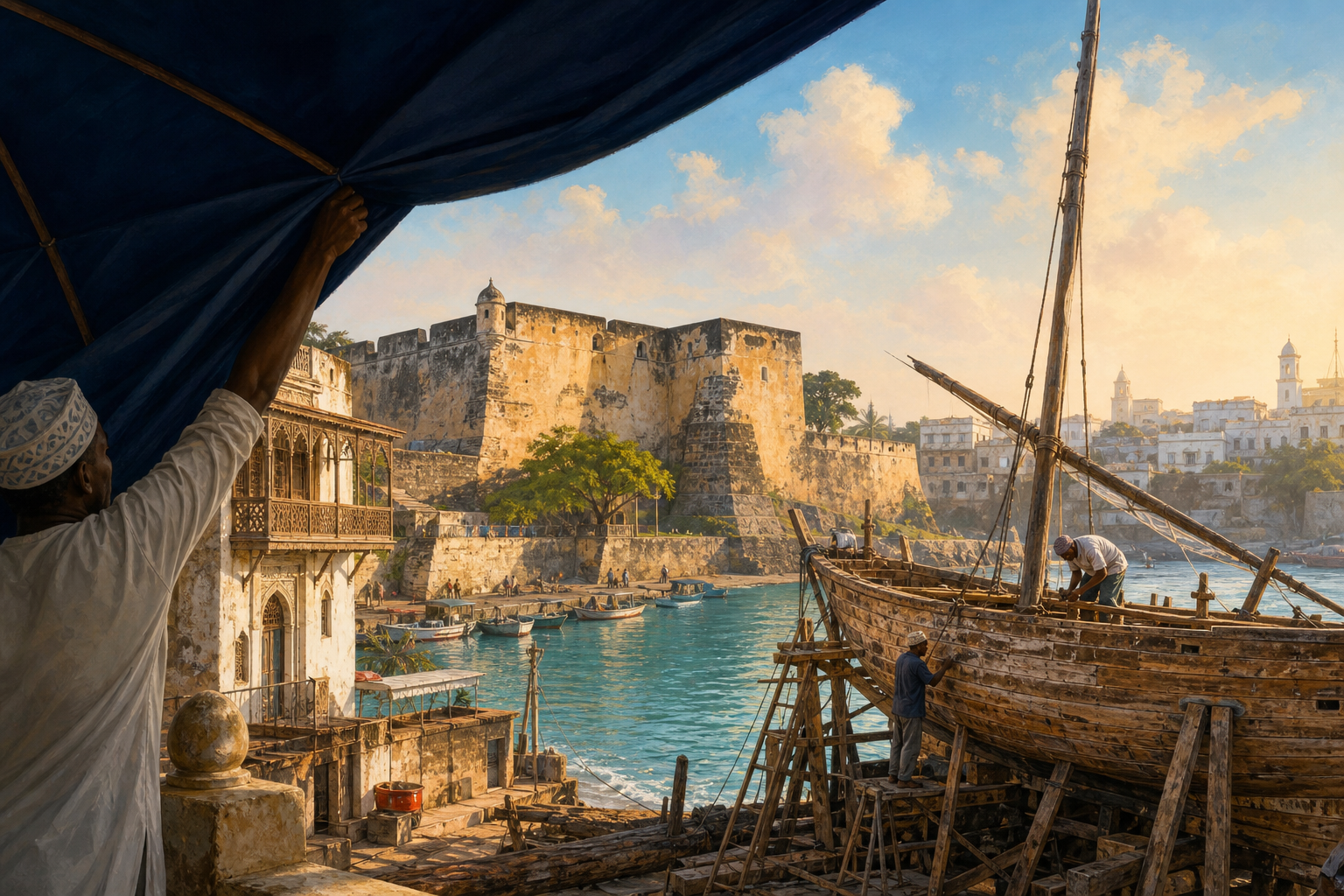 A beach-resort parasol lifts like a curtain at the edge of the frame, revealing Fort Jesus glowing in early morning light beside Mombasa’s Old Harbour, where a