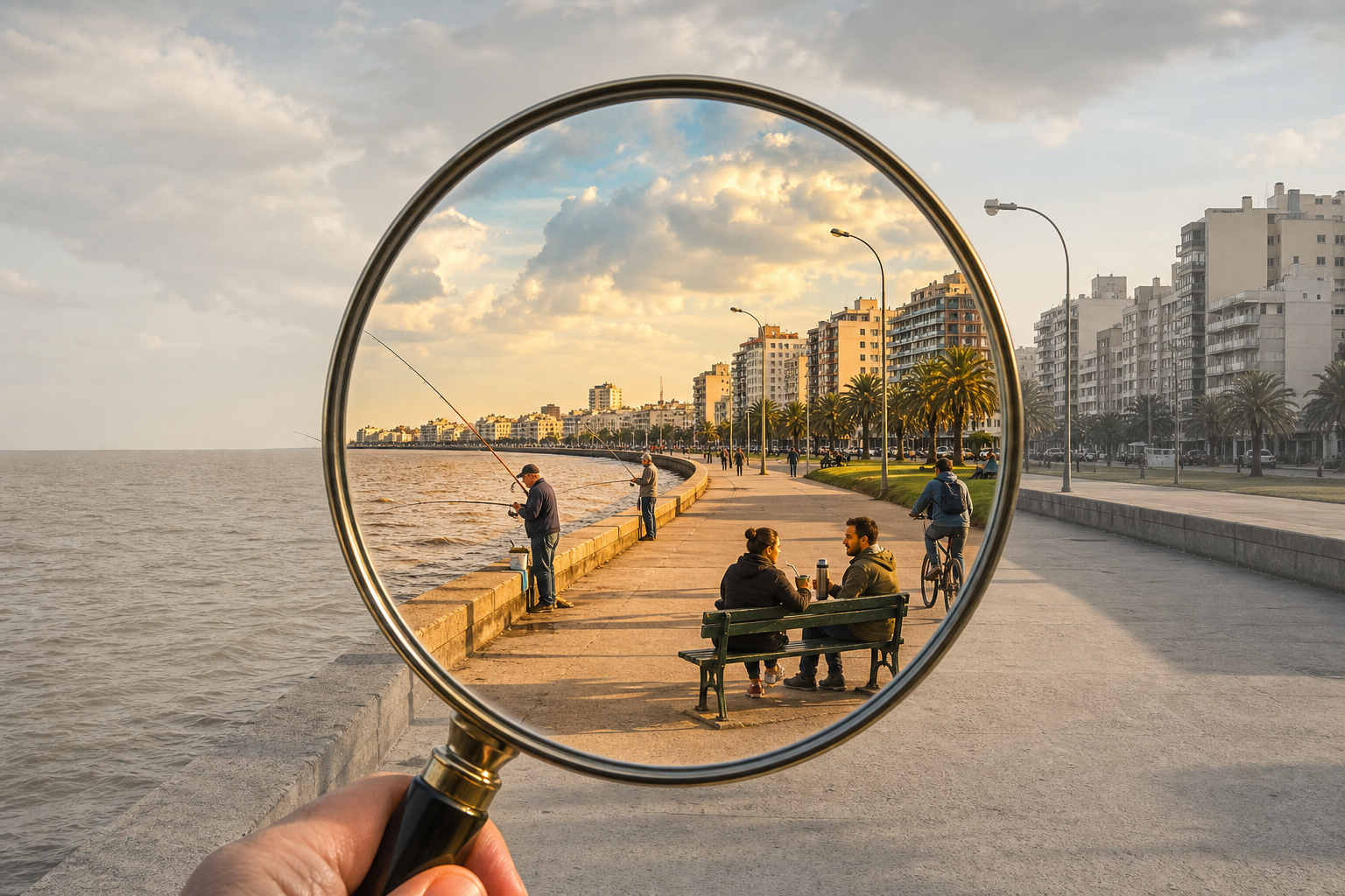 A large magnifying glass over Montevideo’s curved waterfront reveals residents fishing, sharing mate and cycling beside the brown Río de la Plata, while the{}}