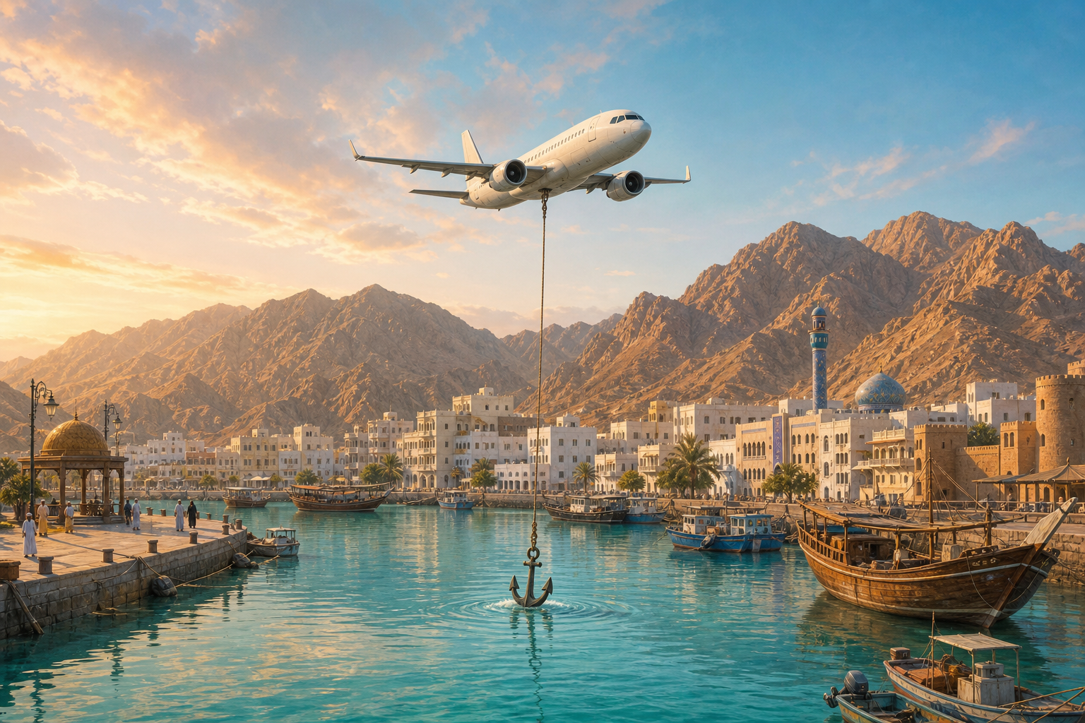A logo-free passenger aeroplane pauses above Muscat with a maritime anchor lowered into Mutrah harbour, framed by dhows, a low-rise waterfront and rugged brown
