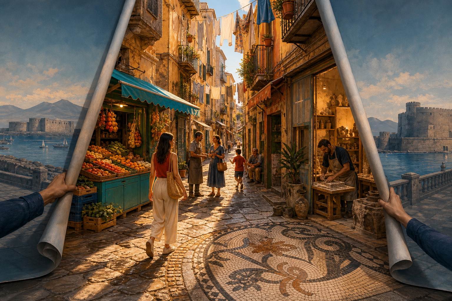 A glossy stage backdrop showing Naples’ waterfront rolls aside to reveal a warm, lively neighbourhood lane with laundry, a food stall, a craft workshop and an