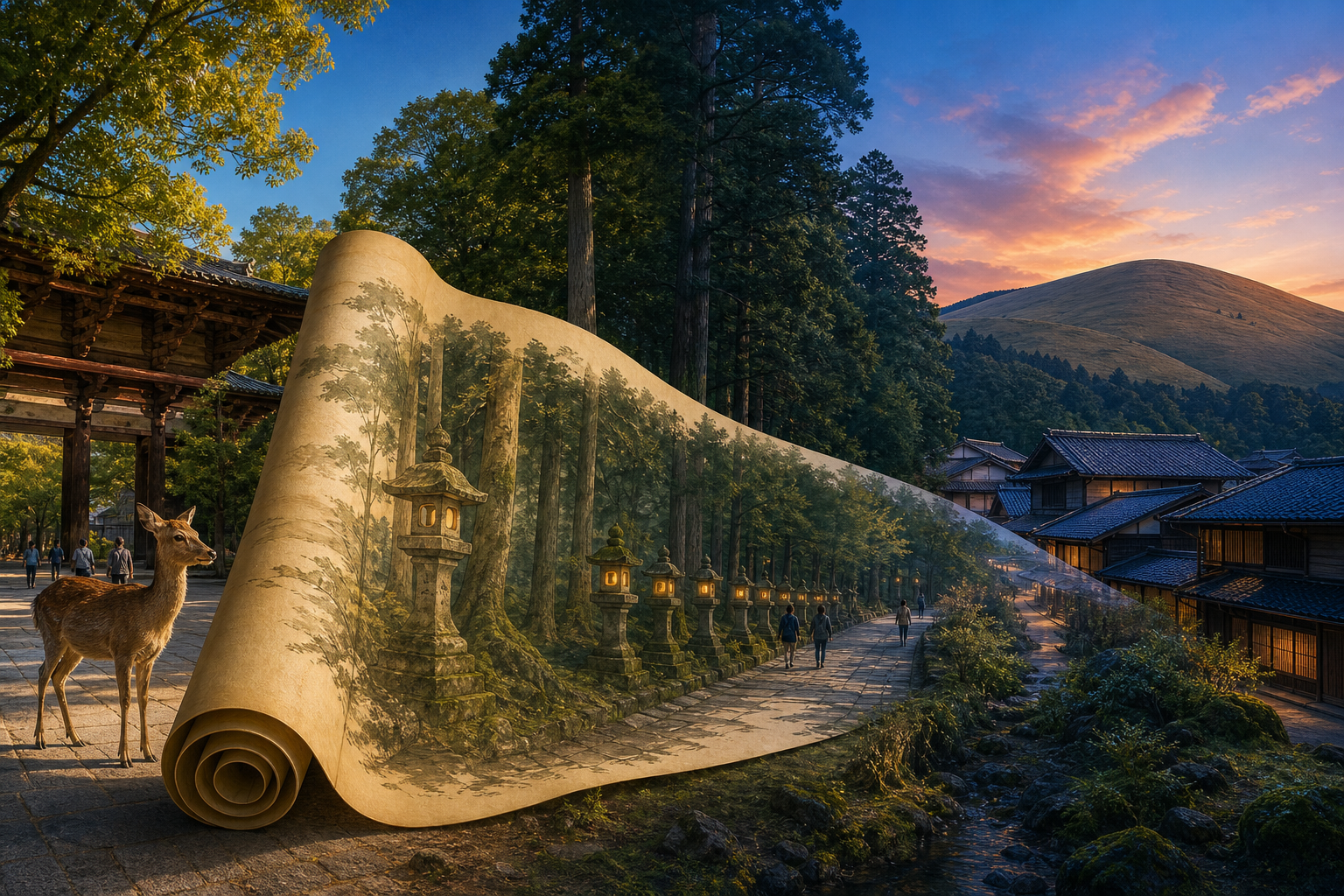 A picture scroll begins with a deer by a temple gate, then unfurls into a broad, quiet dusk landscape of forest lanterns, old town rooftops and a grassy hill.