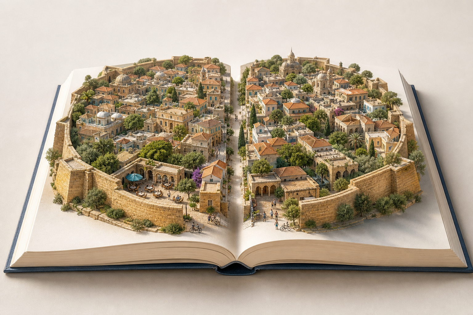 An open blank book supports a continuous miniature of Nicosia’s circular walled old city, divided down the centre by the book’s narrow gutter, suggesting a city