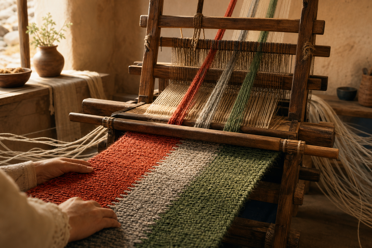 A wooden Oaxacan loom weaves three vivid natural-dyed strands into a cohesive textile, while many pale loose threads fall away at the edges, symbolising a three